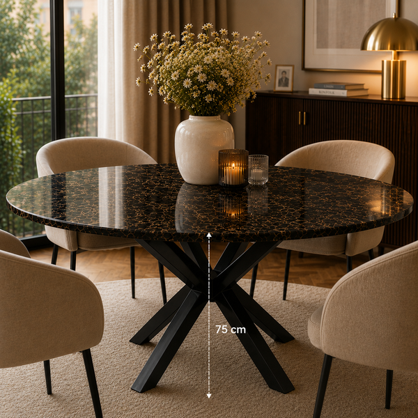 Eettafel Rond Travertin – Bruine Blad met Zwarte Poten - 130cm