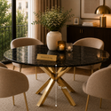 Ronde Zwarte Travertin Eettafel 130 cm Gouden X-poot - Amira