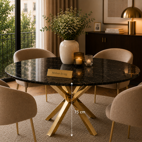 Ronde Zwarte Travertin Eettafel 130 cm Gouden X-poot - Amira
