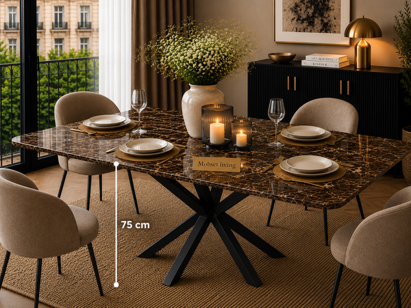 Rechthoekige Bruine Travertin Eettafel 180x90 cm Zwarte X-poot - Luna