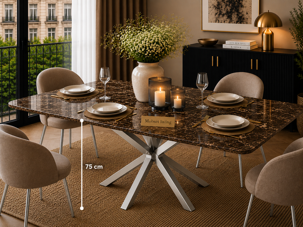 Rechthoekige Bruine Travertin Eettafel 180x90 cm Zilveren X-poot - Luna
