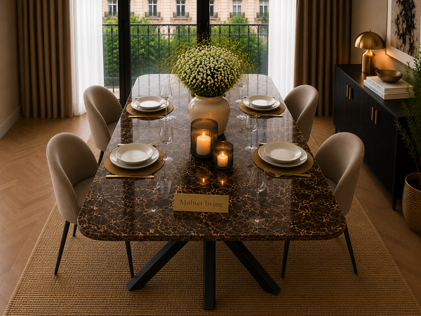 Rechthoekige Bruine Travertin Eettafel 180x90 cm Zwarte X-poot - Luna