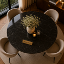 Ronde Zwarte Travertin Eettafel 130 cm Zilveren X-poot - Dina