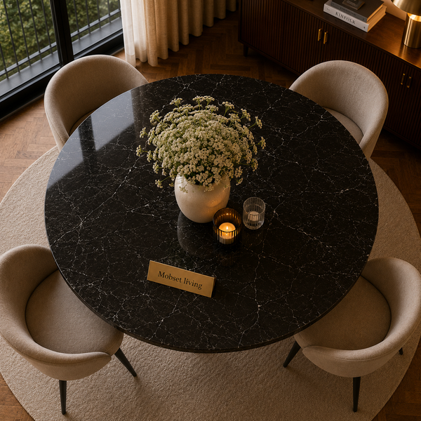 Ronde Zwarte Travertin Eettafel 130 cm Zilveren X-poot - Dina