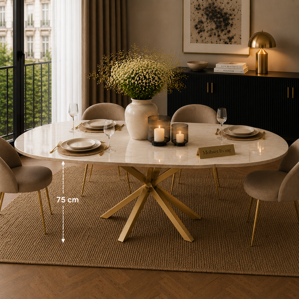 Eettafel Ovaal Crème Blad– Goud poten 180cm