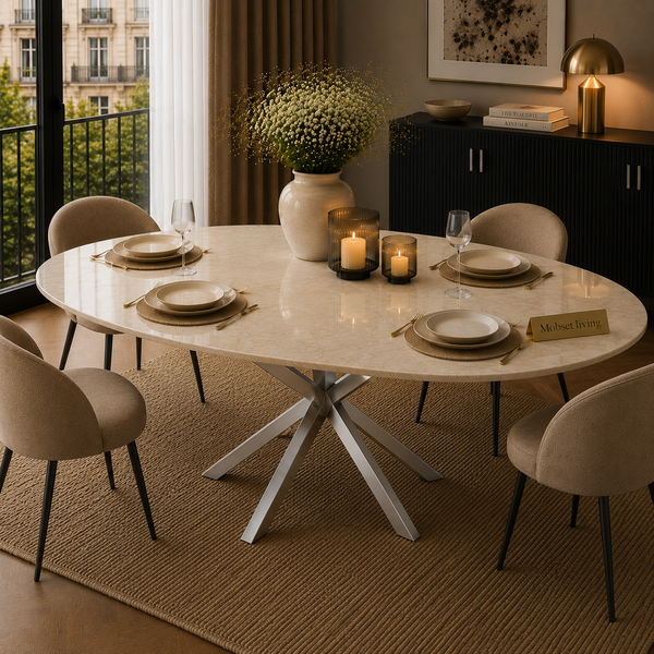 Eettafel ovaal Travertin crème blad poten zilver 180cm - Rosa