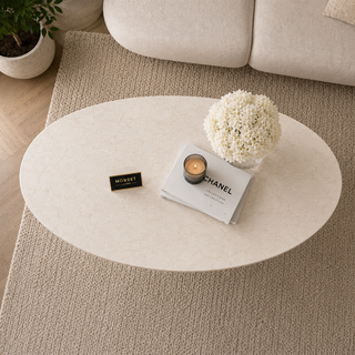 Salontafel ovaal Travertin Poten Goud Met Witte tafelblad- Elena
