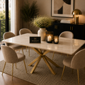 Rechthoekige Travertin Eettafel 180x90 cm Witte blad - Gouden X-poot - Elena
