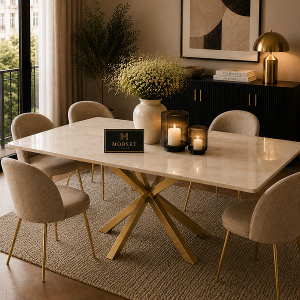 Rechthoekige Travertin Eettafel 180x90 cm Witte blad - Gouden X-poot - Elena