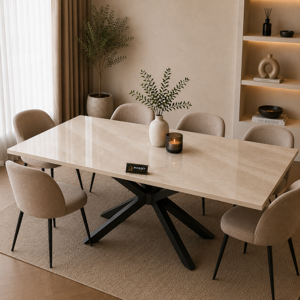 Langwerpige Travertin Eettafel 180x90 cm Witte blad - Zwarte X-poot - Luna