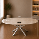 Ovale Beige Travertin Eettafel 180x90 cm Zilver X-poot - Wendy