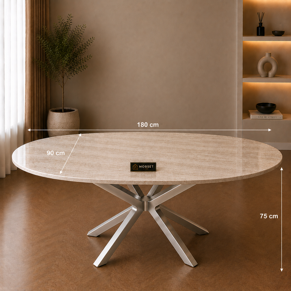 Ovale Beige Travertin Eettafel 180x90 cm Zilver X-poot - Wendy