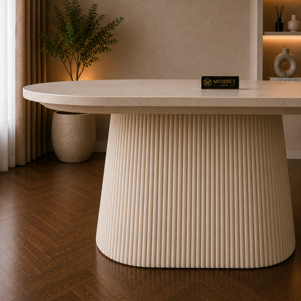 Ovale uitschuifbare Japandi eettafel – crèmekleurig MDF (160–200 cm)