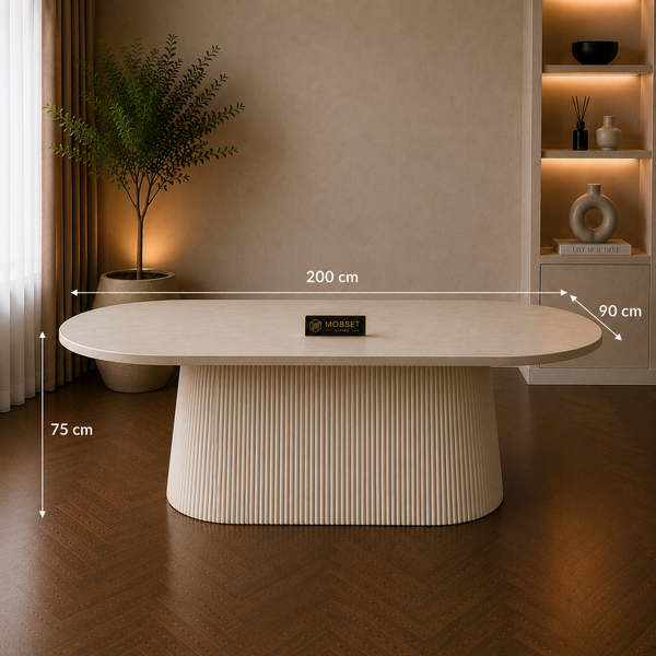 Ovale uitschuifbare Japandi eettafel – crèmekleurig MDF (160–200 cm)