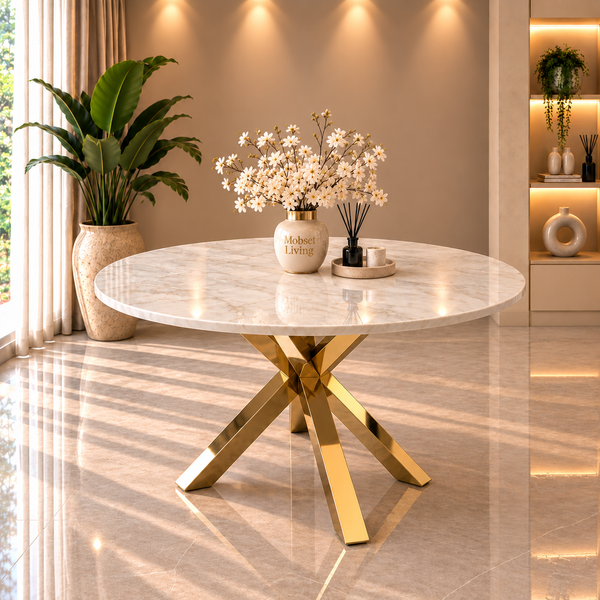 Ronde Travertin Eettafel 130 cm  Witte blad- Gouden X-poot - Elena