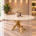 Ovale Travertin Eettafel 180x90 cm Witte blad- Gouden X-poot - Elena