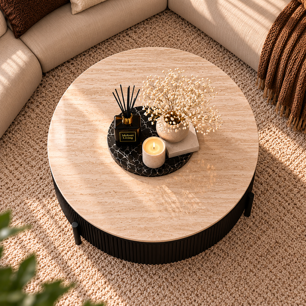 Ronde Japandi salontafel – Zwarte afwerking travertin - Mella