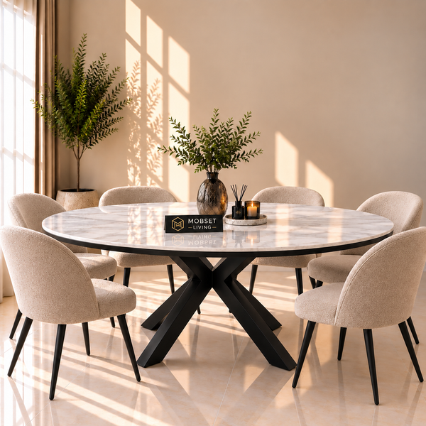Ovale Travertin Eettafel 200x110 cm Witte blad - Zwarte X-poot - Wendy