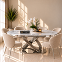 Ovale Travertin Eettafel 200x110 cm Witte blad - Zilver X-poot - Wendy