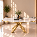 Ovale Travertin Eettafel 200x110 cm Witte blad - Goud X-poot - Wendy