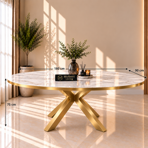 Ovale Travertin Eettafel 200x110 cm Witte blad - Goud X-poot - Wendy