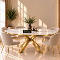 Ovale Travertin Eettafel 200x110 cm Witte blad - Goud X-poot - Wendy