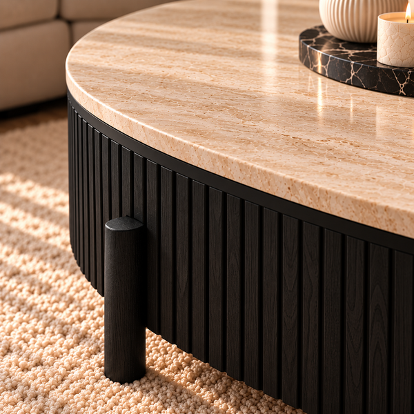 Ronde Japandi salontafel – Zwarte afwerking travertin - Mella