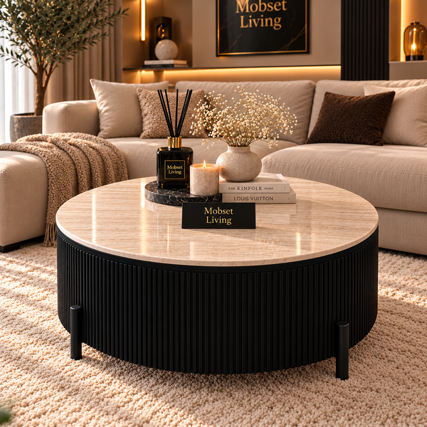 Ronde Japandi salontafel – Zwarte afwerking travertin - Mella