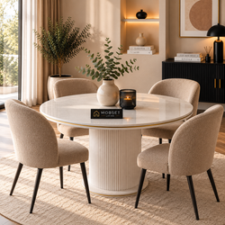 Ronde Keramiek Eettafel 130 cm Wit met Gouden Randafwerking