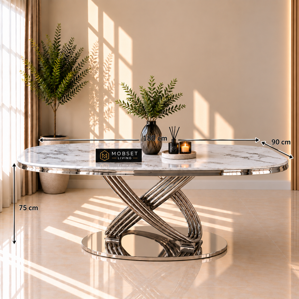 Ovale Travertin Eettafel 200x110 cm Witte blad - Zilver X-poot - Wendy
