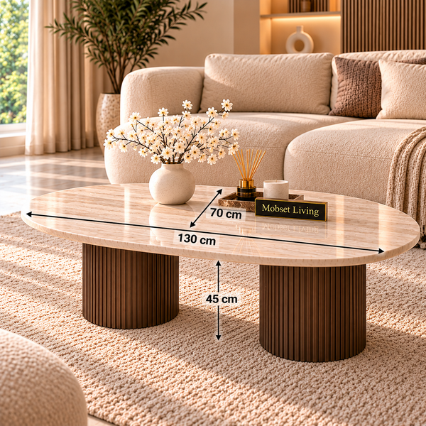Salontafel Japandi travertin 2 potig bruin Ovaal 130 cm - Kimberly