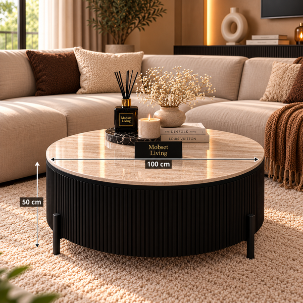 Ronde Japandi salontafel – Zwarte afwerking travertin - Mella