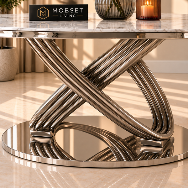 Ovale Travertin Eettafel 200x110 cm Witte blad - Zilver X-poot - Wendy