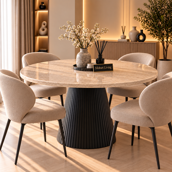 Eettafel Rond Zwart Travertin Japandi 130cm - Mella