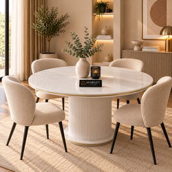 Ronde Keramiek Eettafel 130 cm – Wit Blad met Gouden Randafwerking