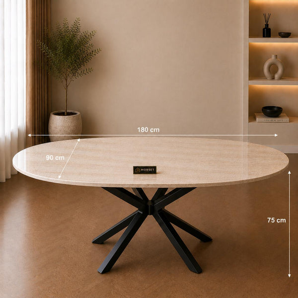 Ovale Beige Travertin Eettafel 180x90 cm Zwarte X-poot - Wendy