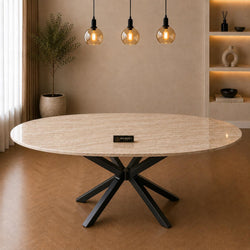 Ovale Beige Travertin Eettafel 180x90 cm Zwarte X-poot - Wendy