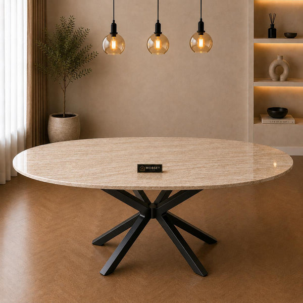 Ovale Beige Travertin Eettafel 180x90 cm Zwarte X-poot - Wendy