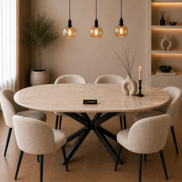 Ovale Beige Travertin Eettafel 180x90 cm Zwarte X-poot - Wendy