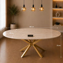 Ovale Beige Travertin Eettafel 180x90 cm Gouden X-poot - Wendy