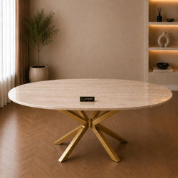 Ovale Beige Travertin Eettafel 180x90 cm Gouden X-poot - Wendy