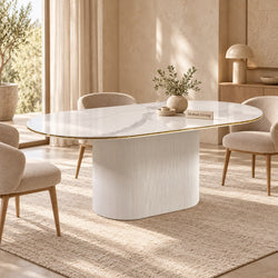 Keramiek Ovale Eettafel 180 x 90 cm – Wit met Gouden Randafwerking