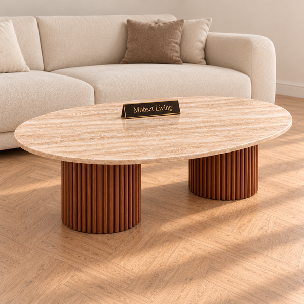 Salontafel Japandi travertin 2 potig bruin Ovaal 130 cm - Kimberly