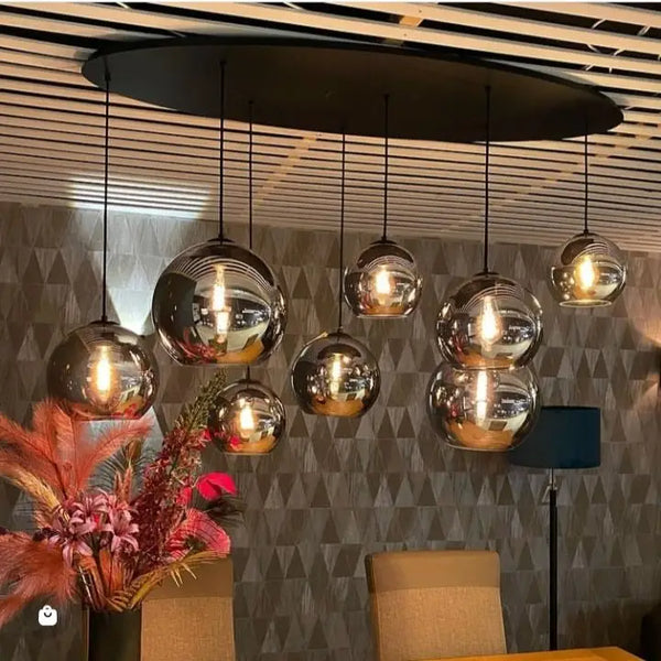 Ovaal eettafel hanglamp 8 bollen smoke glas 