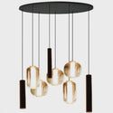 Amber glas Hanglamp – Ovale Plaat – 5 Bollen in Verschillende Vormen + 3 Buisspots  – Eettafelverlichting
