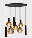 Amber Glas Hanglamp – Ovale Plaat – 5 Bollen + 3 Buisspots  – Eettafel Verlichting