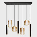 Amber glas Hanglamp Eettafel – Langwerpige Plaat – 4 Bollen in Unieke Vormen + 3 Buisspots – 7 Lichtpunten