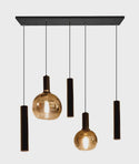 Amber Eettafel Hanglamp – 2 Glasbollen + 3 Buisspots – Eettafel 5 Lichtpunten