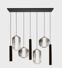 Eettafel Hanglamp – Langwerpige Plaat – 4 Smoke Glasbollen in Diverse Vormen + 3 Buisspots– 7 Lichtpunten