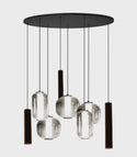 Hanglamp Smoke Glas – Ovale Plaat – 5 Bollen in Verschillende Vormen + 3 Buisspots – Eettafel Dimbaar